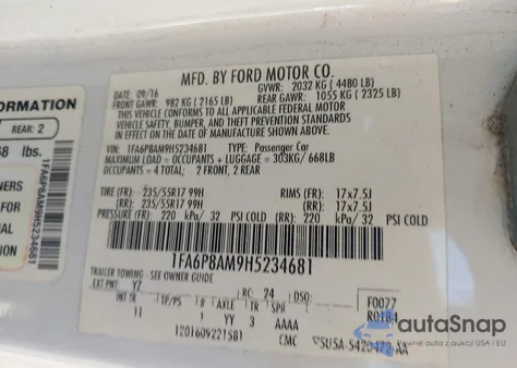 2017 Ford Mustang V6 z USA, uszkodzony, nr VIN 1FA6P8AM9H5234681